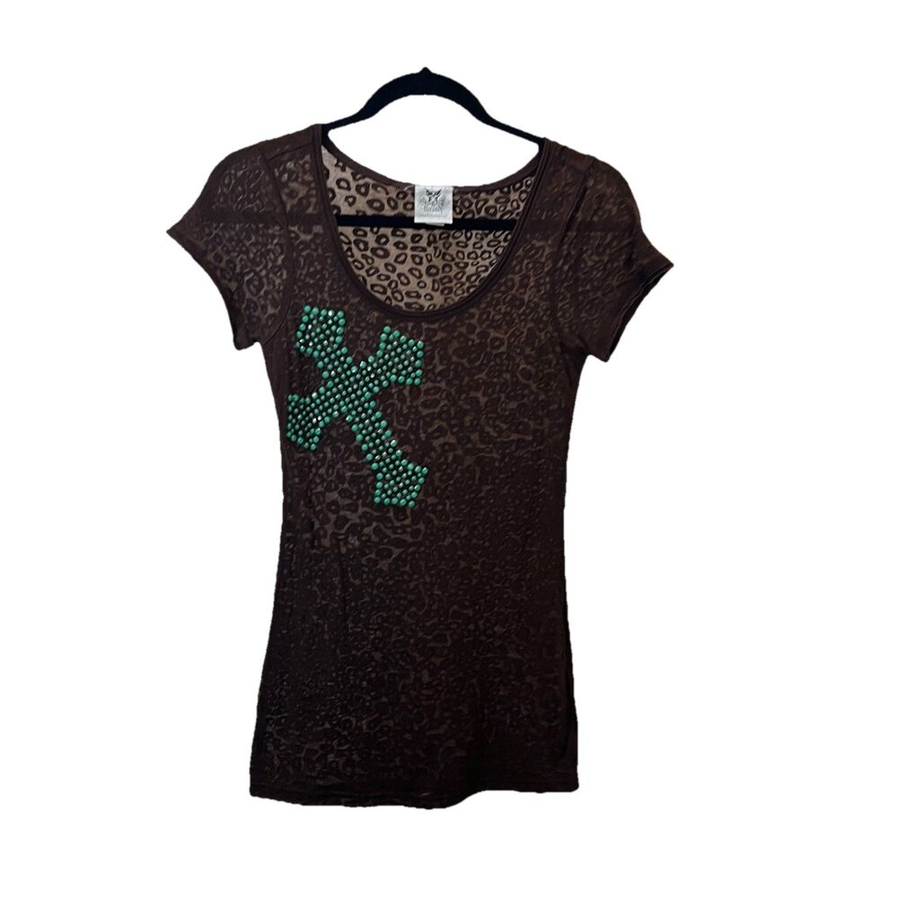 The PJ Shop Brown Animal Print Leopard Cheetah Teal Cross Sheer Top Women Size M